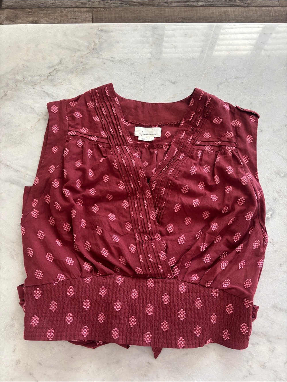 Anthropologie Burgundy Top with Pink Geo Dot Print